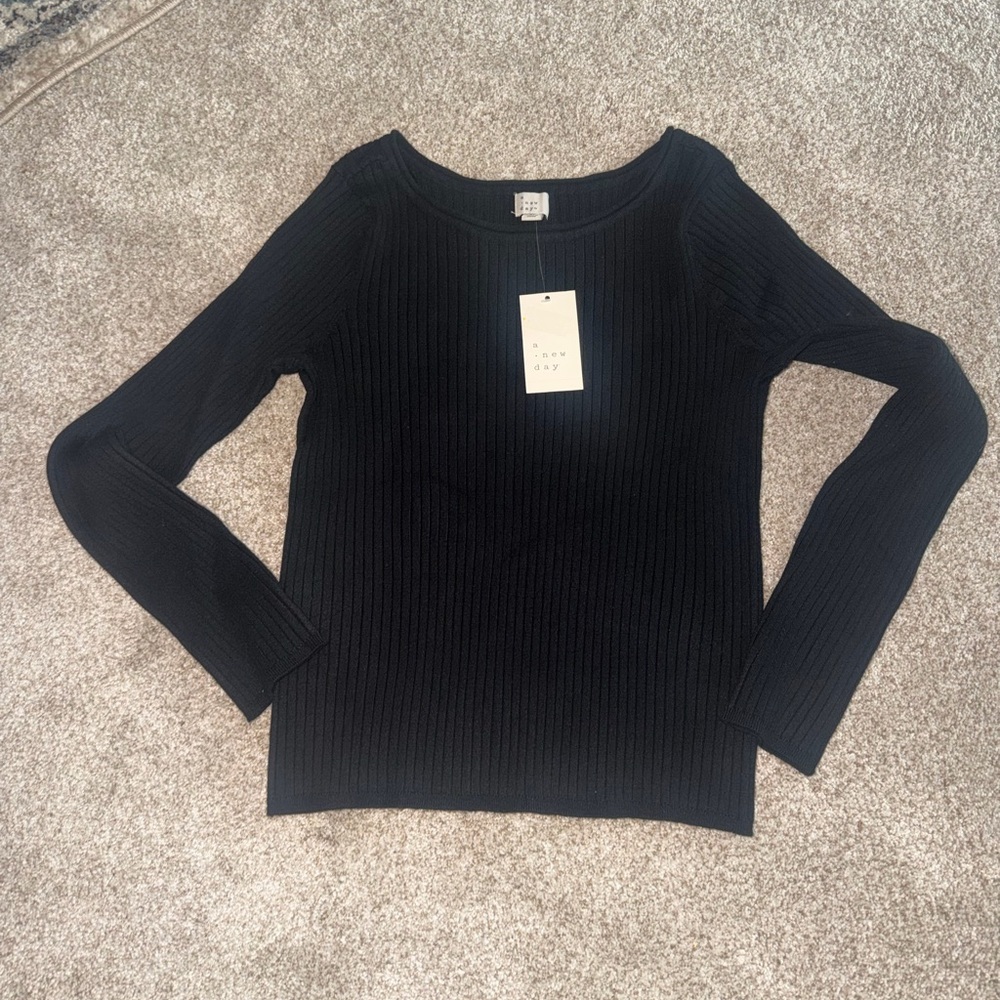 a new day Black Ribbed Crewneck Sweater